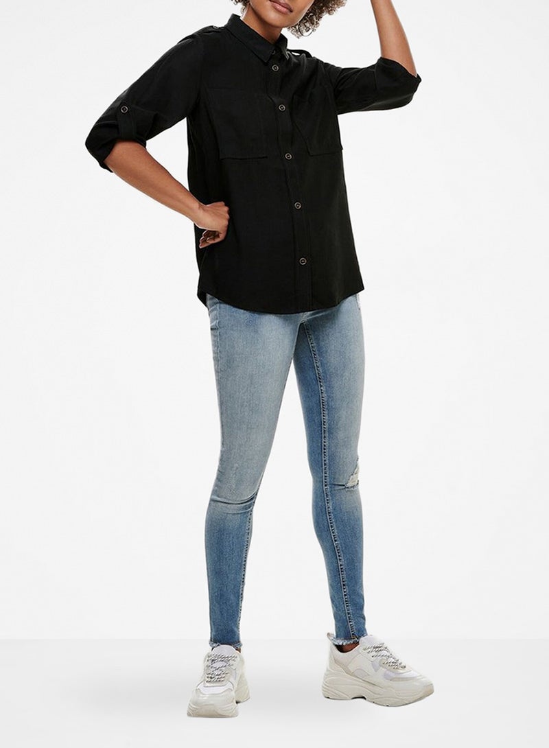 Jacqueline de Yong - Classic Style Roll Sleeve Shirt Black - Image 1
