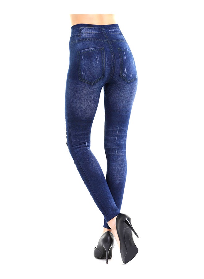 High Waist Gauze Patched Hollow Out Skinny Leggings Blue  - Image 3