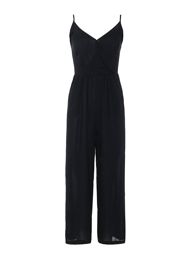 V Neck Sleeveless Solid Loose Jumpsuit Black  - Image 1