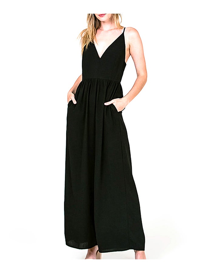 V Neck Sleeveless Solid Loose Jumpsuit Black  - Image 2