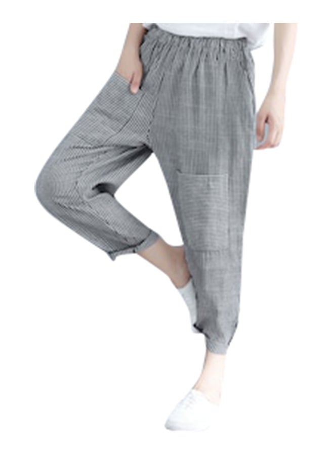 Peg Pants Loose Striped Pattern Elastic Waist Pants Grey - Image 1