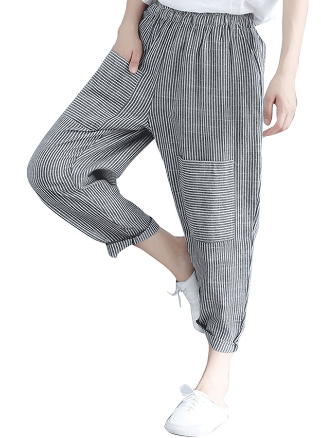Peg Pants Loose Striped Pattern Elastic Waist Pants Grey - Image 3