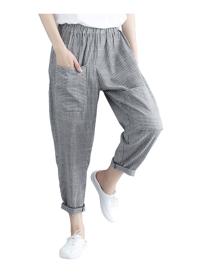 Peg Pants Loose Striped Pattern Elastic Waist Pants Grey - Image 2