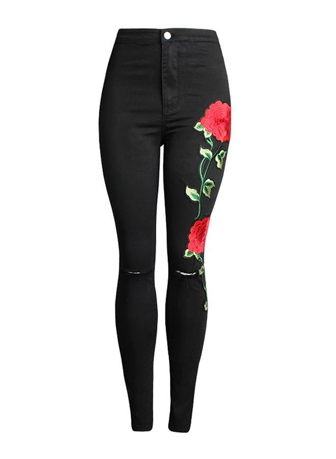 Jeans Floral Embroidery Skinny Jeans Black - Image 1