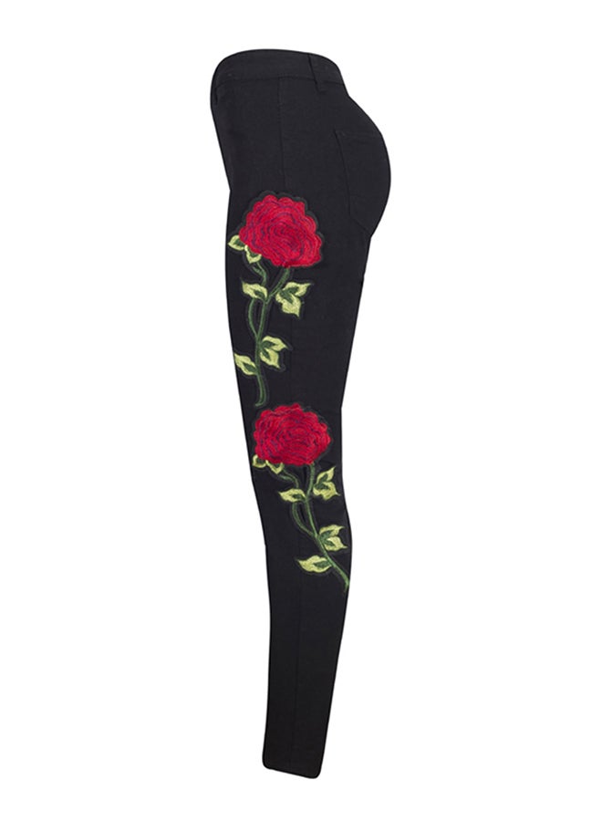 Jeans Floral Embroidery Skinny Jeans Black - Image 3