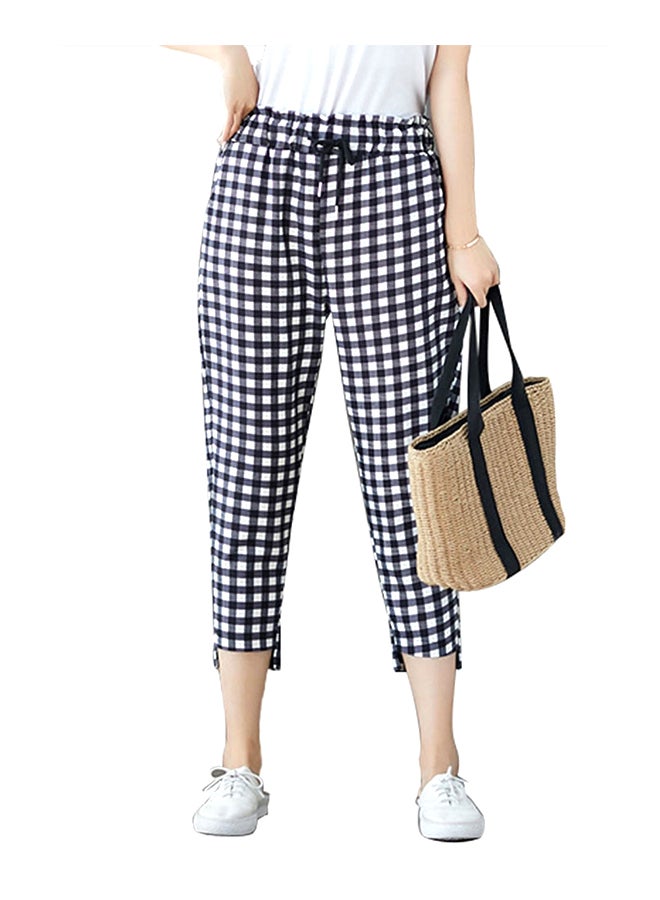 Harem Slim Elastic Waist Ginham Pants White/Black - Image 1