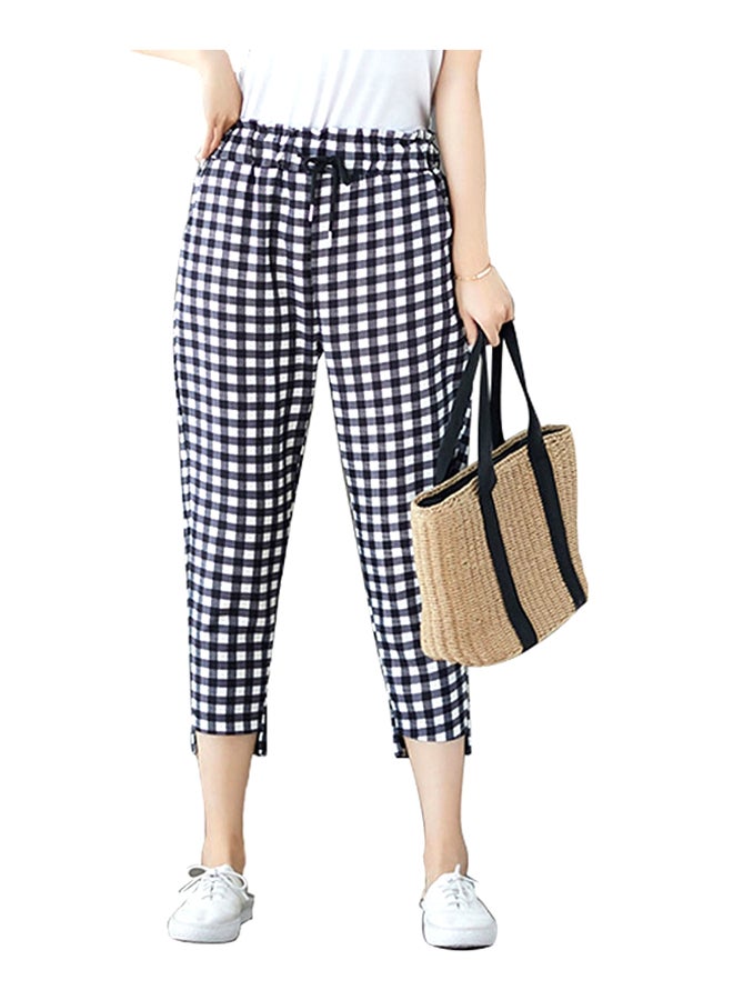 Harem Slim Elastic Waist Ginham Pants White/Black - Image 2