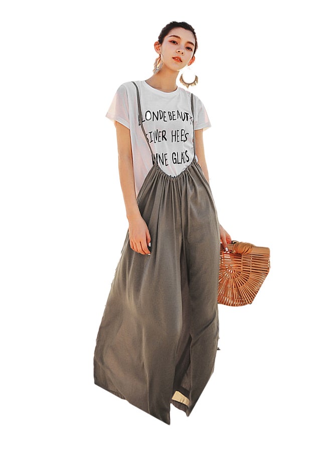 Loose Solid Color Wide Leg Suspender  Bottoms Khaki - Image 1