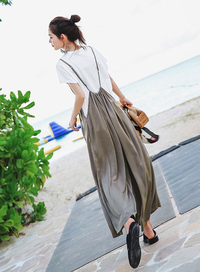 Loose Solid Color Wide Leg Suspender  Bottoms Khaki - Image 3