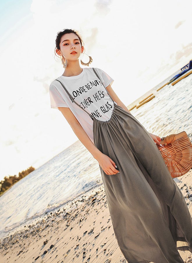 Loose Solid Color Wide Leg Suspender  Bottoms Khaki - Image 2