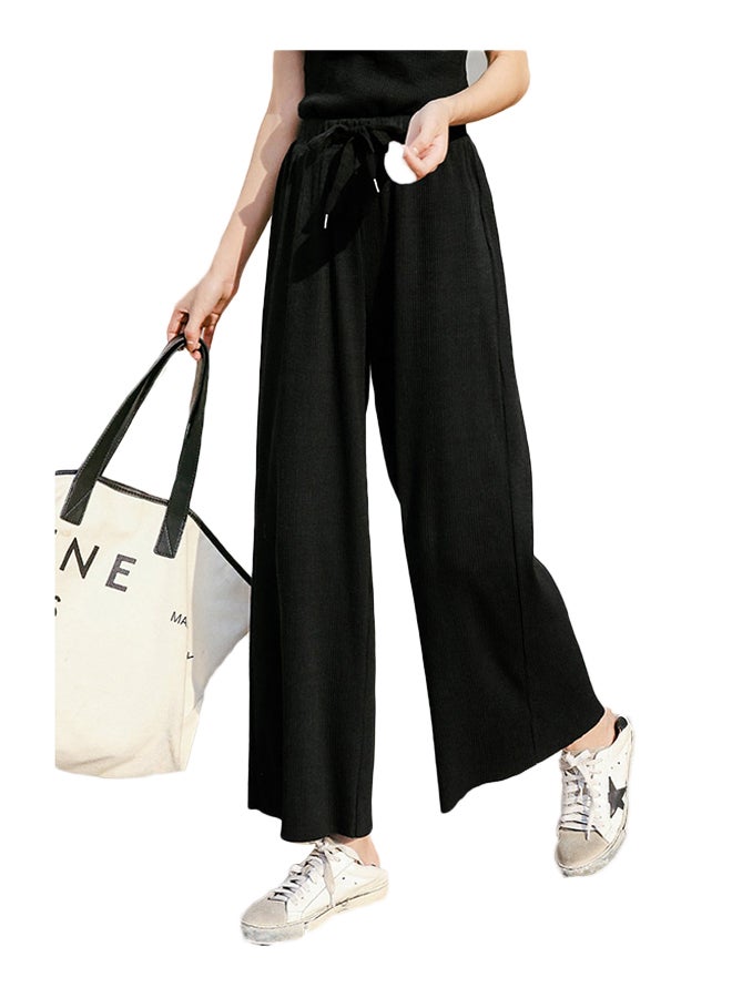 Casual Drawstring Elastic Waist Simple Wide Leg Pants Black - Image 1