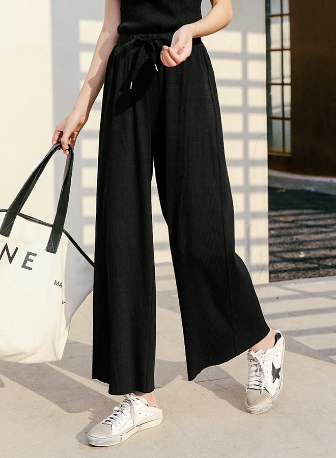 Casual Drawstring Elastic Waist Simple Wide Leg Pants Black - Image 2