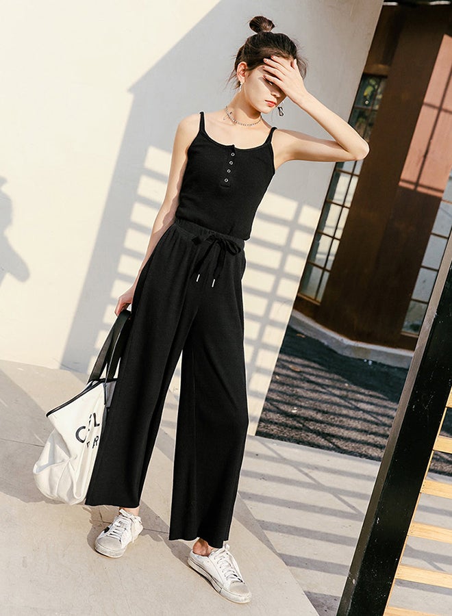 Casual Drawstring Elastic Waist Simple Wide Leg Pants Black - Image 3