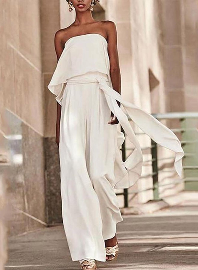 Generic - Strapless Sleeveless Solid Waist Drawstring Jumpsuit White - Image 1