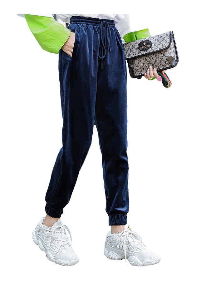 Elastic Waist Solid Ankle-tied Harem Pants Navy - Image 1
