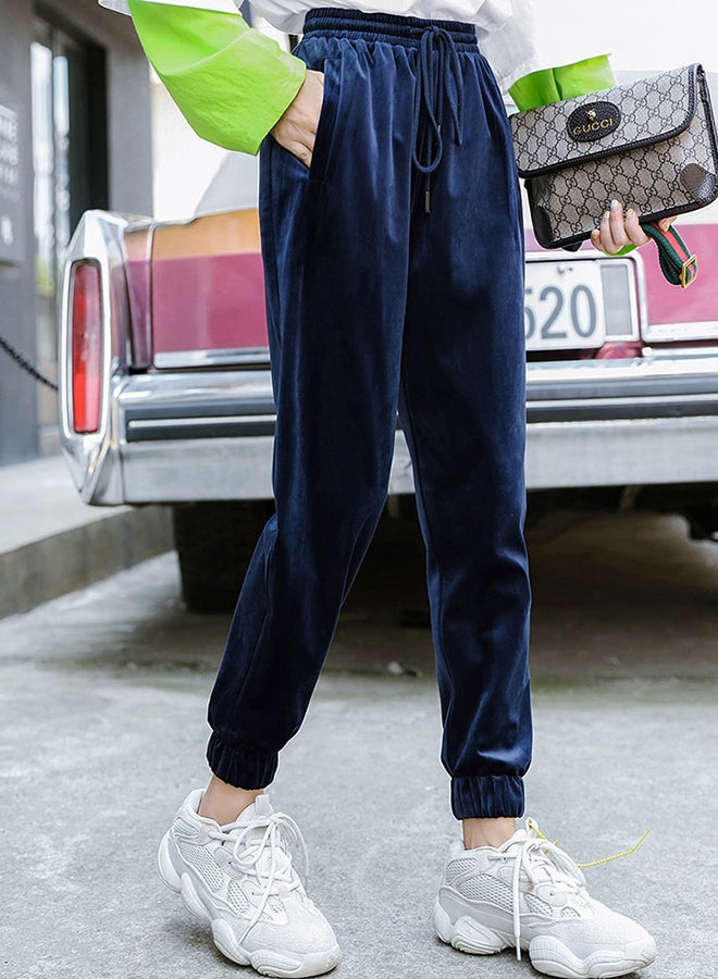 Elastic Waist Solid Ankle-tied Harem Pants Navy - Image 2