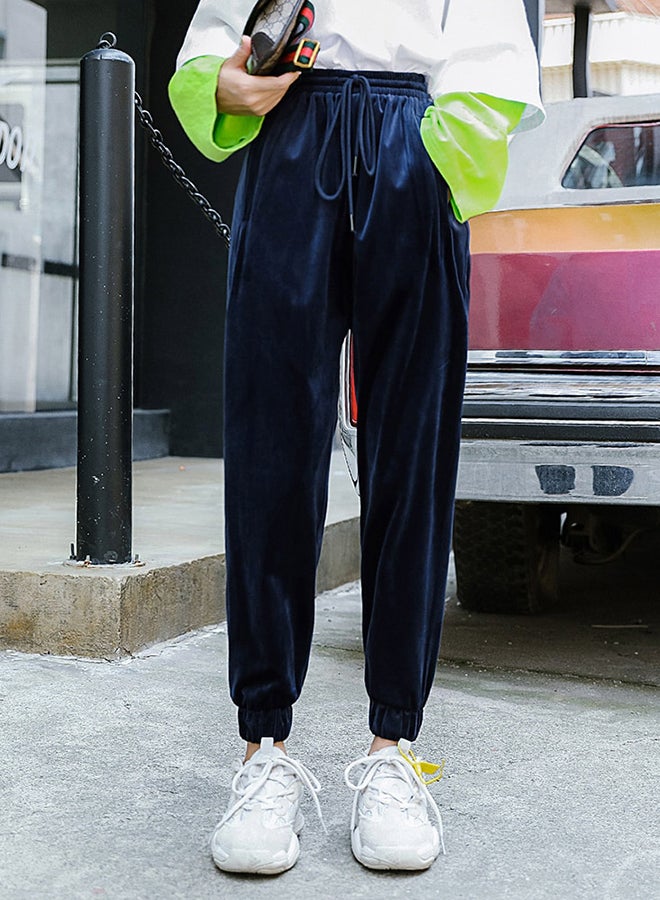 Elastic Waist Solid Ankle-tied Harem Pants Navy - Image 3