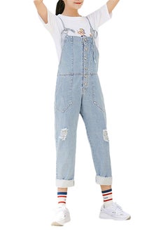 Loose Holes Wide Leg Denim Jumpsuit Blue