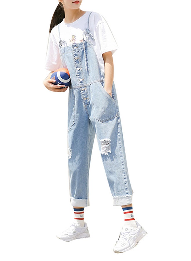 Generic - Loose Holes Wide Leg Denim Jumpsuit Blue - Image 1