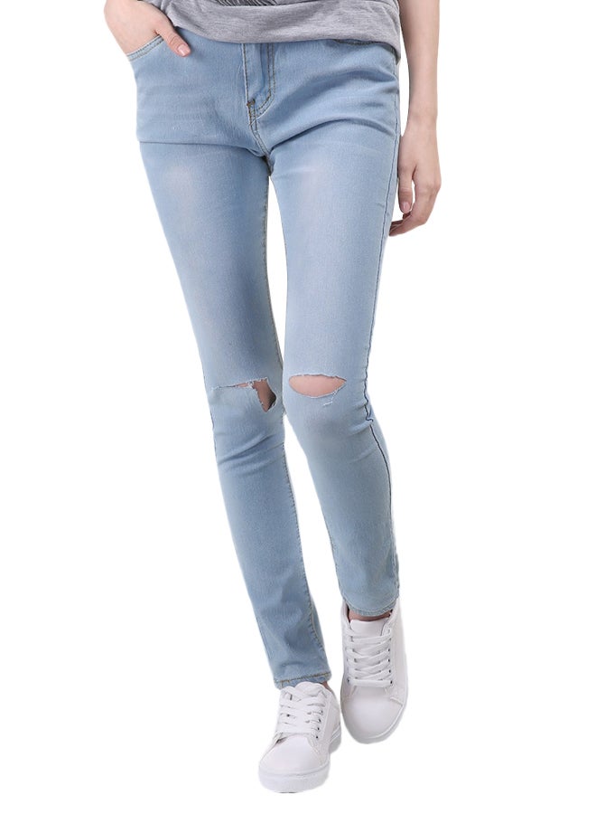 Holes Decor Solid Slim Stylish Denim Jeans Pant Blue - Image 1