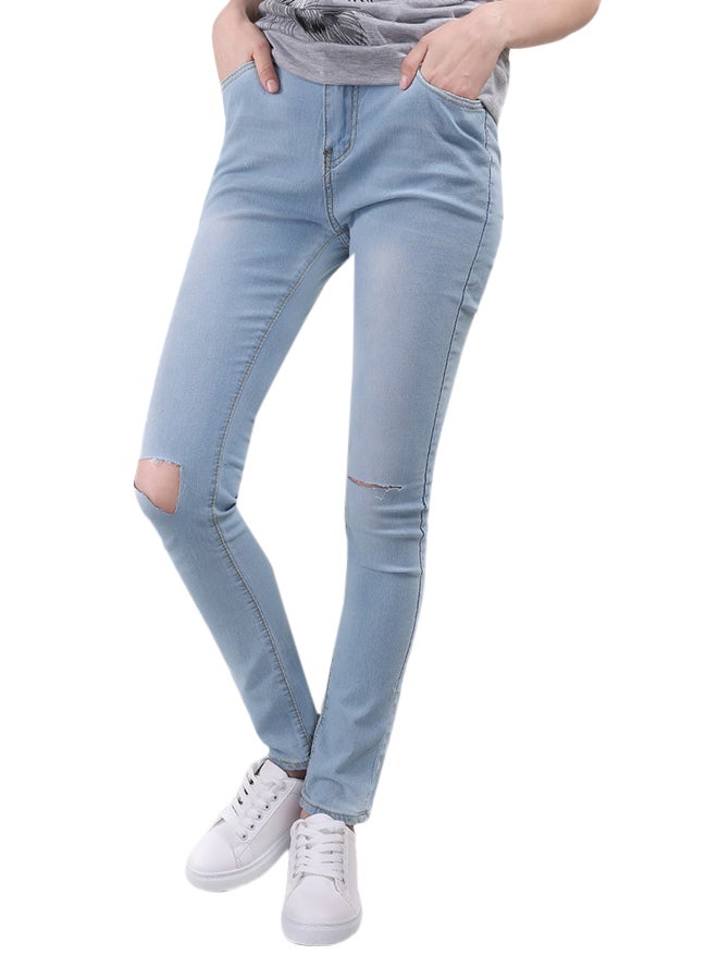 Holes Decor Solid Slim Stylish Denim Jeans Pant Blue - Image 3