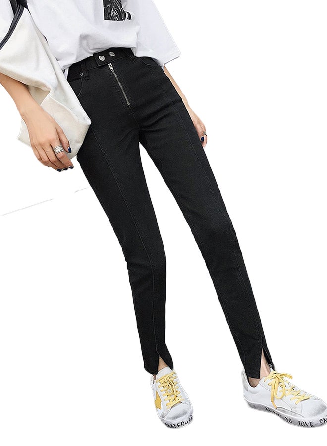 Zipper Closure High Waist Split Cut Slim Jeans Pant Black - Image 1
