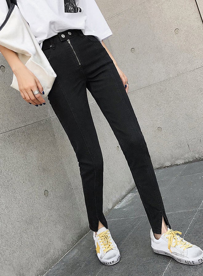 Zipper Closure High Waist Split Cut Slim Jeans Pant Black - Image 2