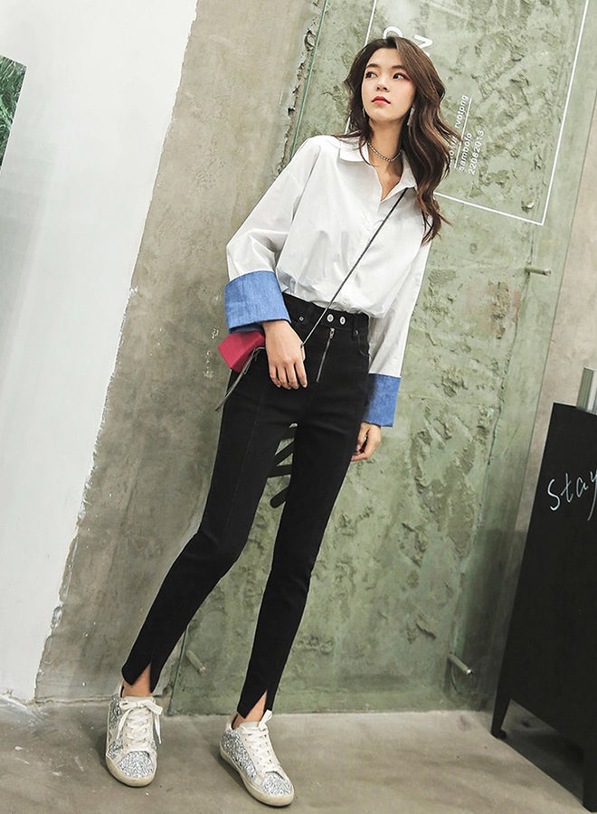Zipper Closure High Waist Split Cut Slim Jeans Pant Black - Image 3