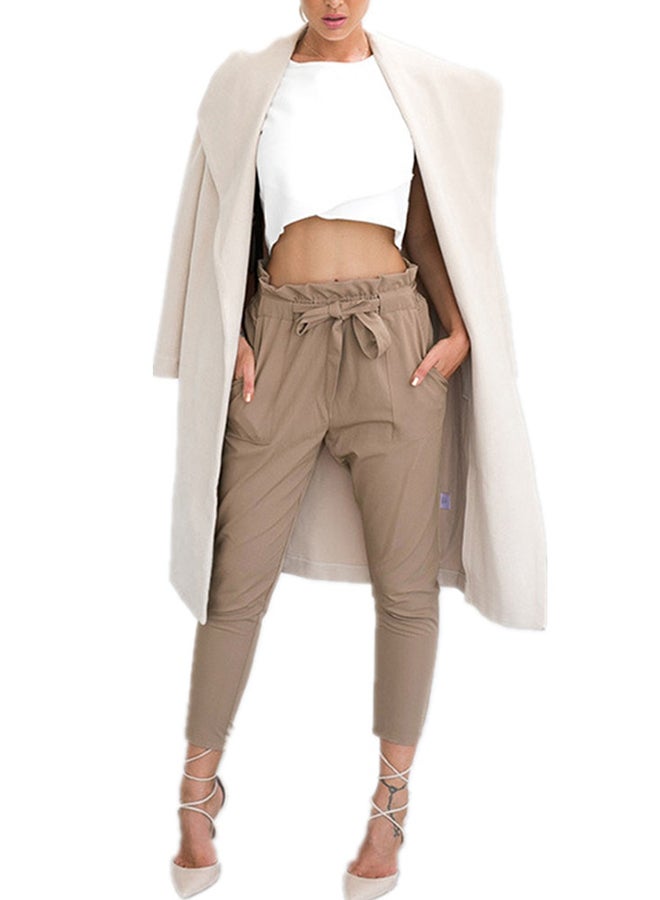 Cropped Pants Solid Elastic Waist Top Fashion Pants Khaki - Image 1