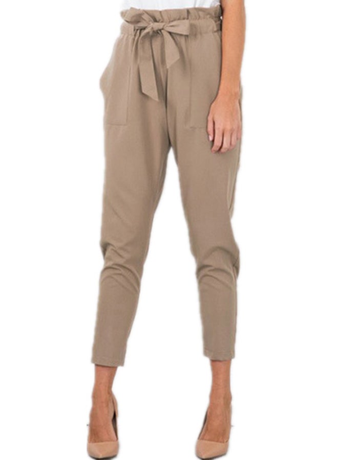 Cropped Pants Solid Elastic Waist Top Fashion Pants Khaki - Image 2