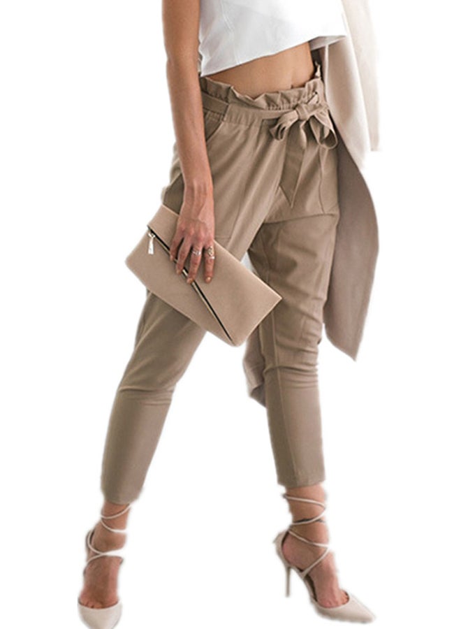 Cropped Pants Solid Elastic Waist Top Fashion Pants Khaki - Image 3