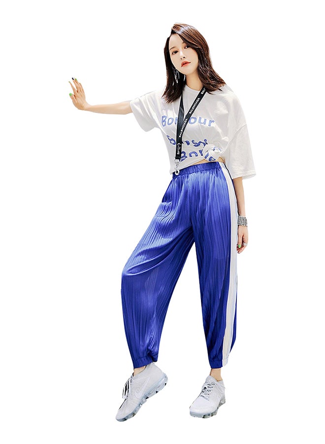 Pants Elastic Waist Block Pleated Harem Pants Blue - Image 1