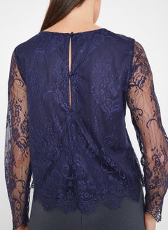 ONLY Lace Overlay Scallop Hem Blouse Navy  - Image 4