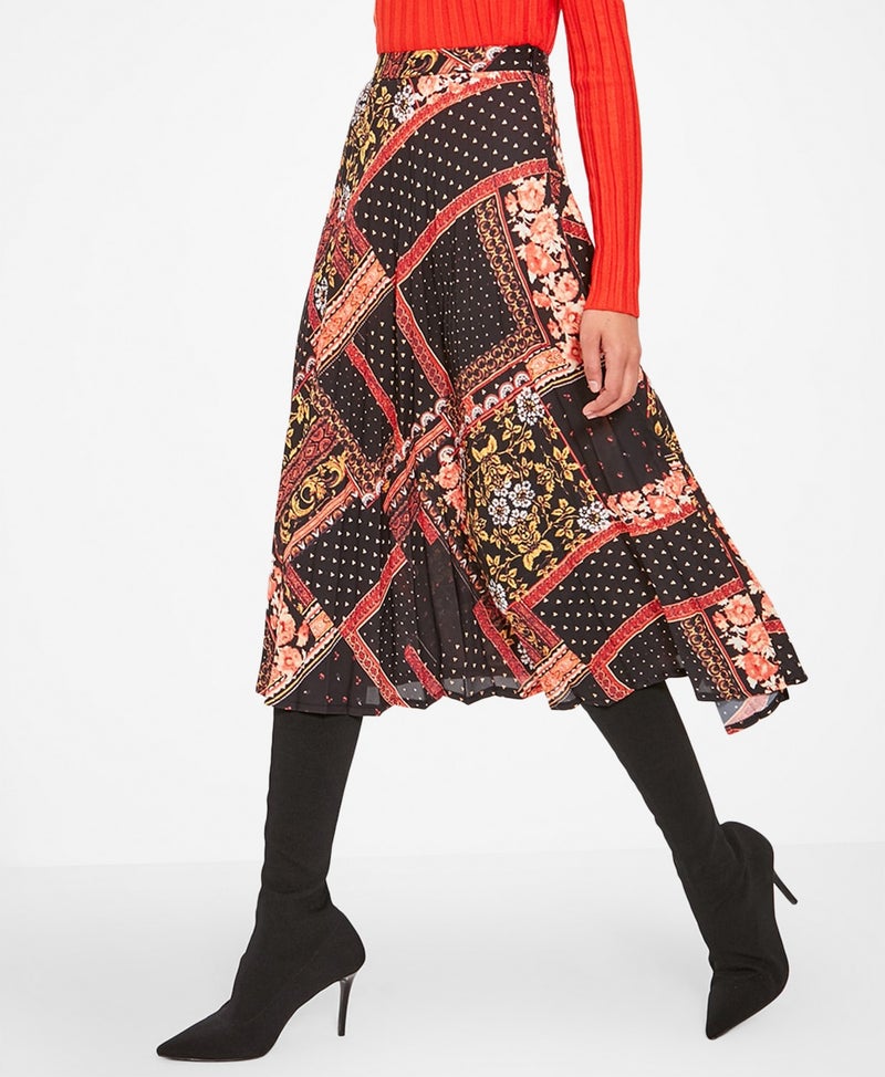 trendyol - Tile Print Pleated Skirt Black Multi - Image 1