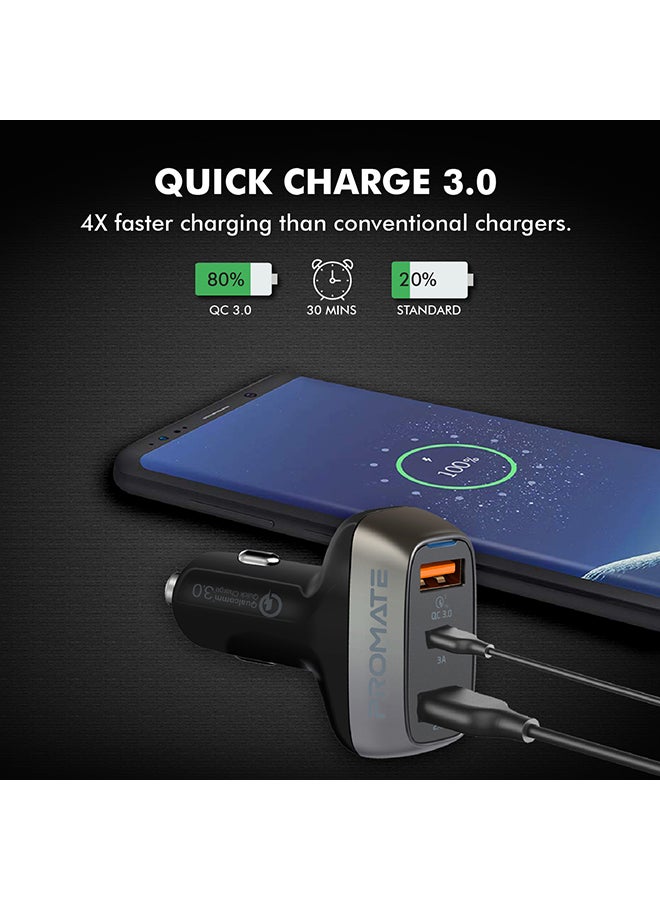 PROMATE Qualcomm Quick Charge 3.0 Car Charger, Ultra-Fast 30W 2.4A Cigarette Lighter Power Outlet with 3A USB-C Charging Port and Over-Heating Protection for iPhone, Samsung, Huawei, OnePlus, iPad, GPS, Scud-C30 Black - Image 3