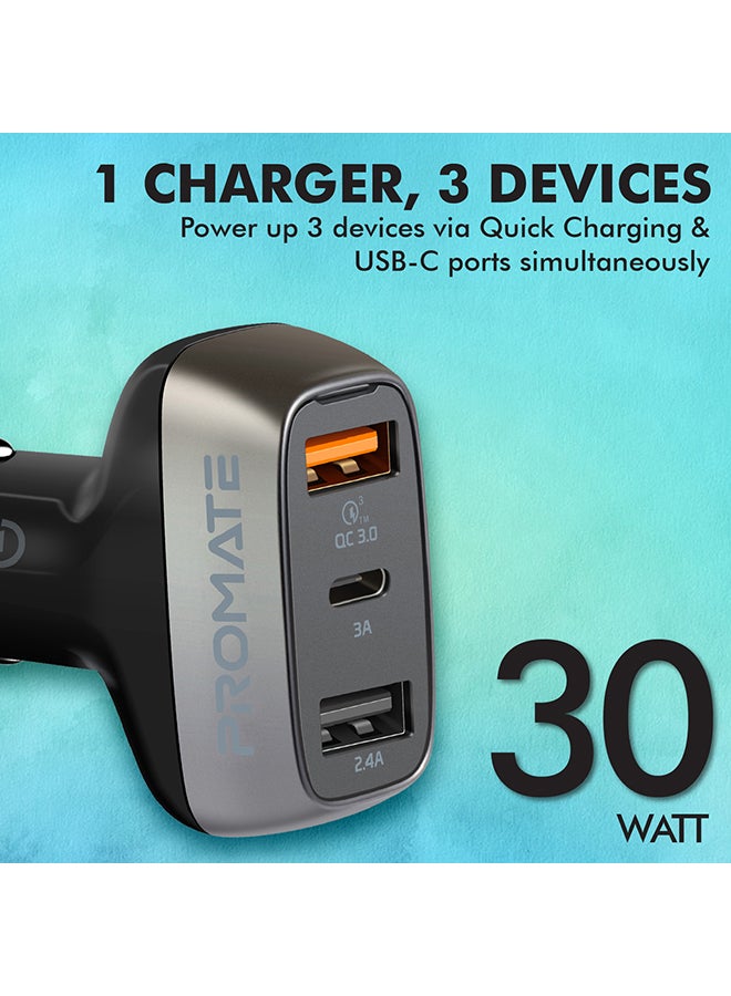 PROMATE Qualcomm Quick Charge 3.0 Car Charger, Ultra-Fast 30W 2.4A Cigarette Lighter Power Outlet with 3A USB-C Charging Port and Over-Heating Protection for iPhone, Samsung, Huawei, OnePlus, iPad, GPS, Scud-C30 Black - Image 4