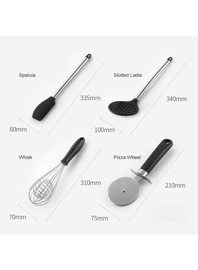 طقم أدوات طعام من السيليكون مكون من 16 قطعة أسود/فضي - Image 2