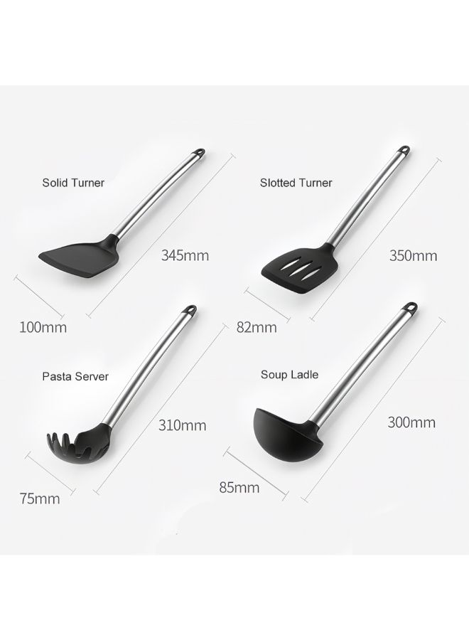 طقم أدوات طعام من السيليكون مكون من 16 قطعة أسود/فضي - Image 4