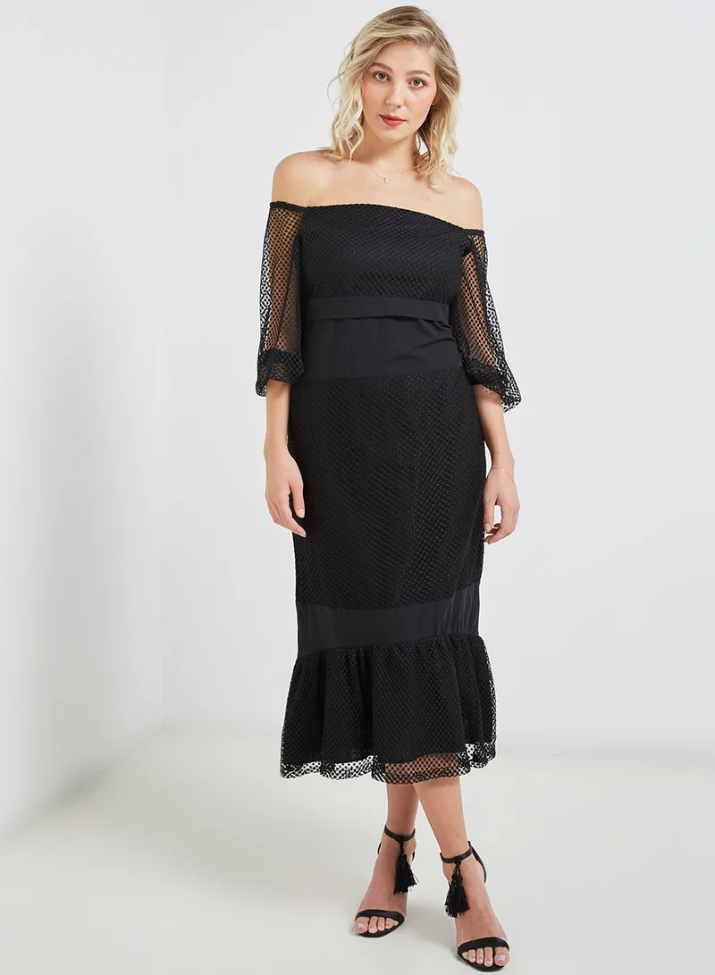 High Streets Solid Design Lace Sleeves Midi Dress