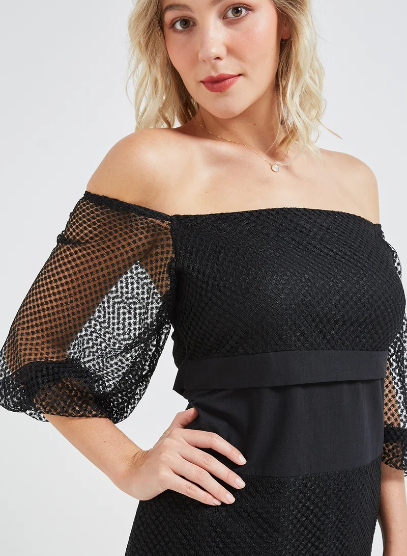 High Streets Off-Shoulder Mesh Dress Black