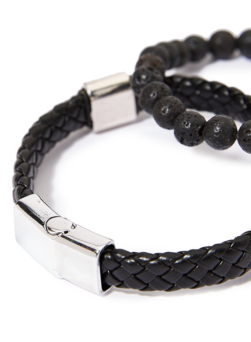 Set of 2 Leather and Beads Bracelet
