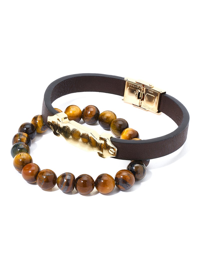 English Laundry - Set of 2 Leather andTiger's Eye Beads Bracelet - Image 1