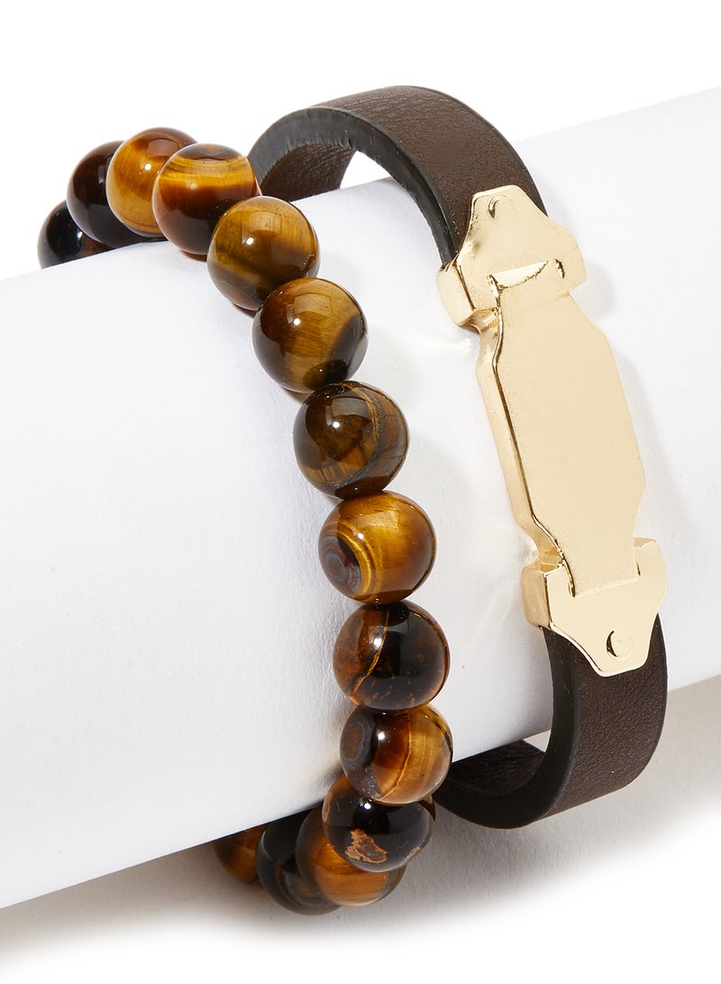 English Laundry - Set of 2 Leather andTiger's Eye Beads Bracelet - Image 1