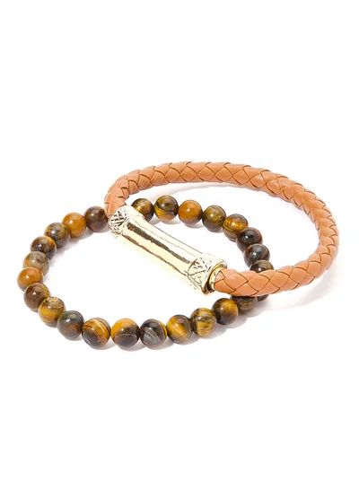 English Laundry Set of 2 Leather andTiger's Eye Beads Bracelet