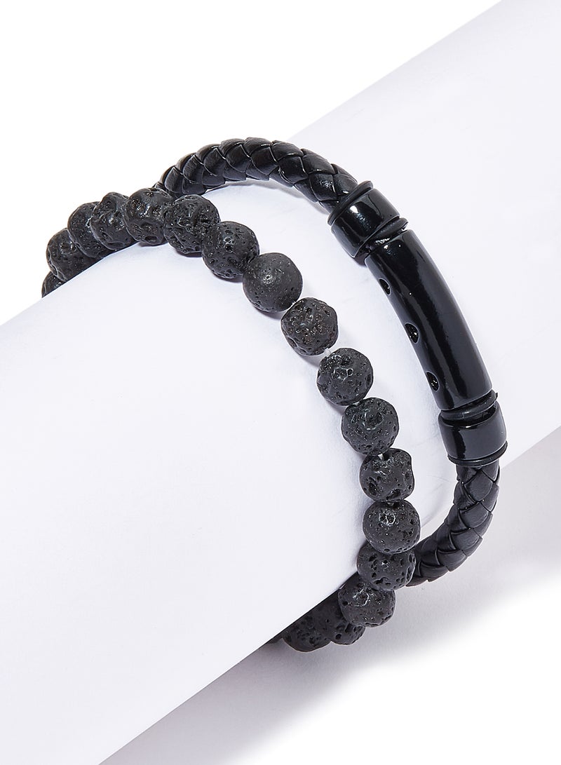 Set of 2 Leather and Beads Bracelet