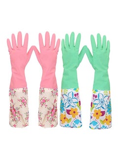 kilofly Pair Of 2 Dishwashing Gloves Green/Pink  - Image 1