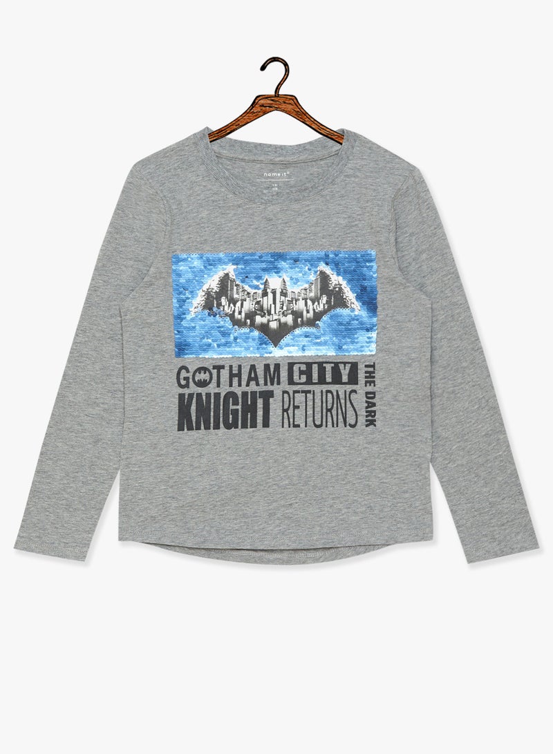 NAME IT Kids Reversible Sequin Batman Long Sleeve T-Shirt Grey  - Image 1