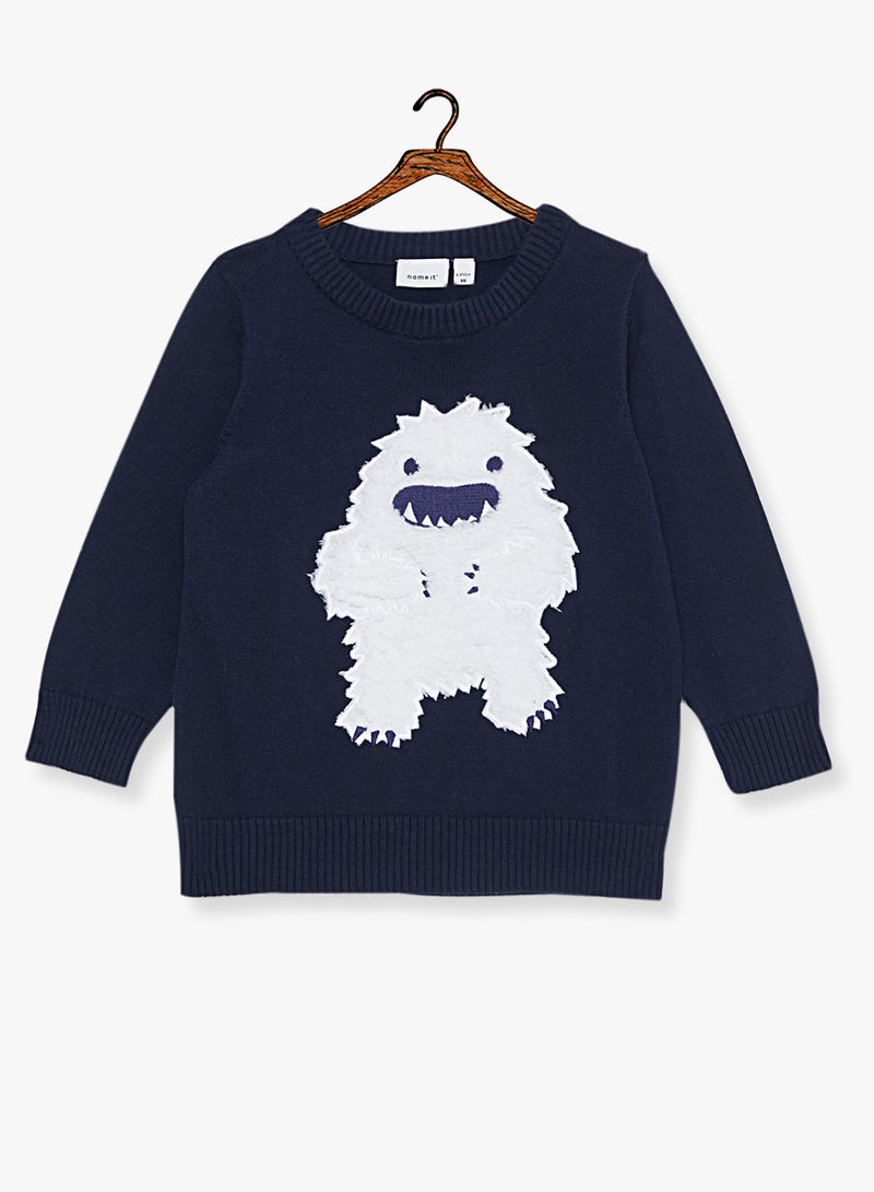 نيم ات كنزة بزخرفة مونستر للأولاد أزرق داكن - Image 1