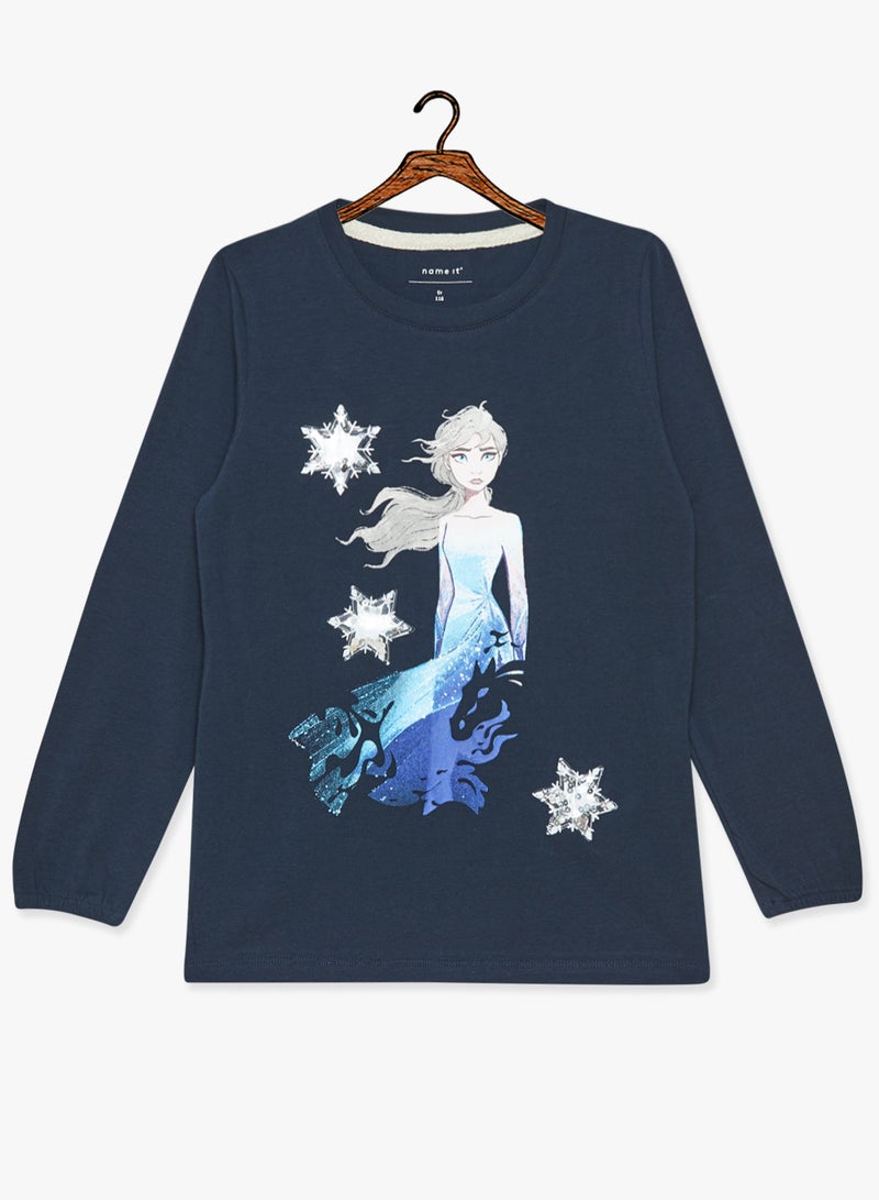 نيم ات تيشيرت بأكمام طويلة بطبعة من فيلم Frozen للأطفال أزرق داكن - Image 1