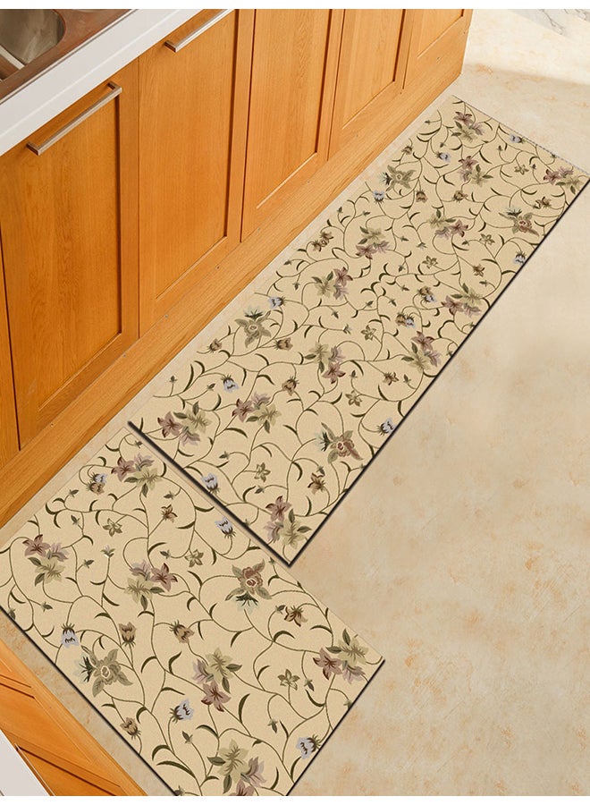 Flower Pattern Pastoral Style Kitchen Mat Beige 50(W)x160(L)cm
